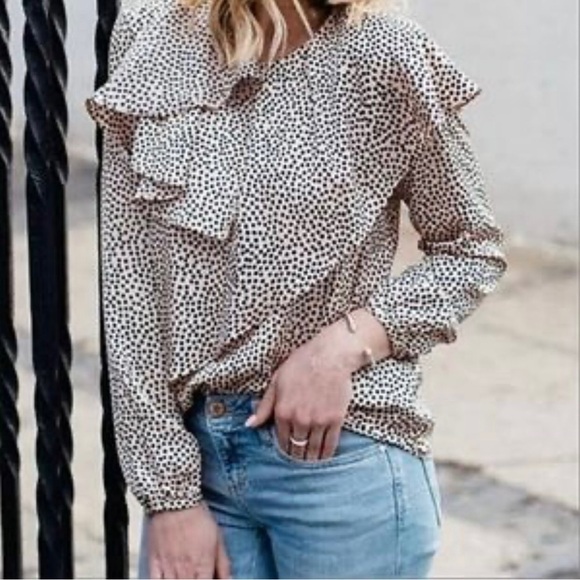 Zara Basic Asymmetric Ruffle Blouse Size M Long Sleeve Polka Dot Pink Black - Picture 1 of 10